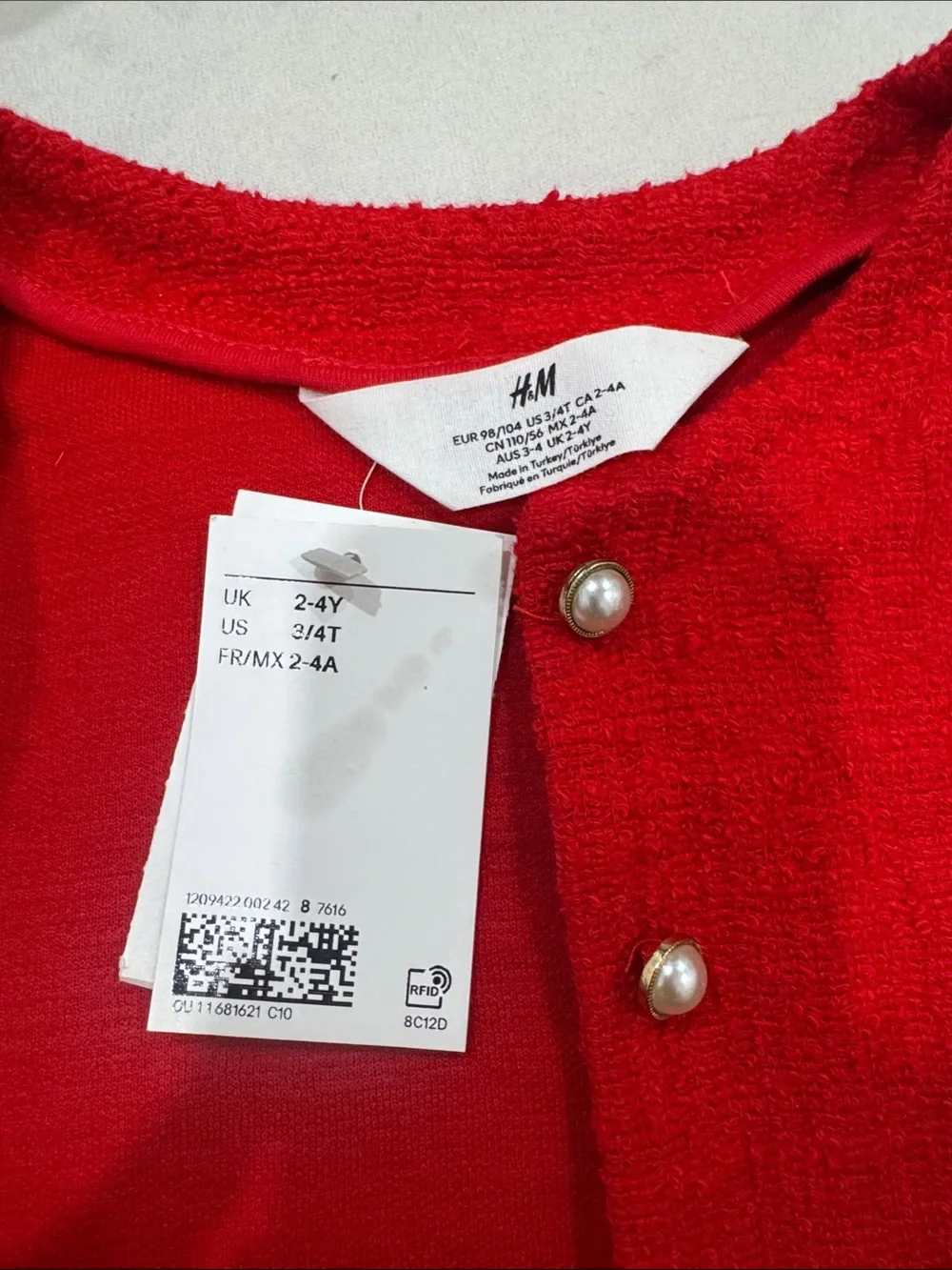 H&M Girls' Bright Red Pearl-Button Tweed Blazer